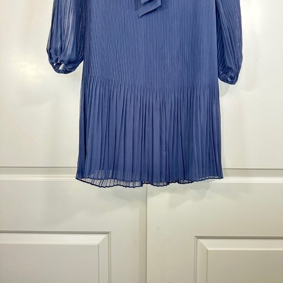 Navy Tie Neck Pleated Long Sleeve Dress 10 - Picture 6 of 13